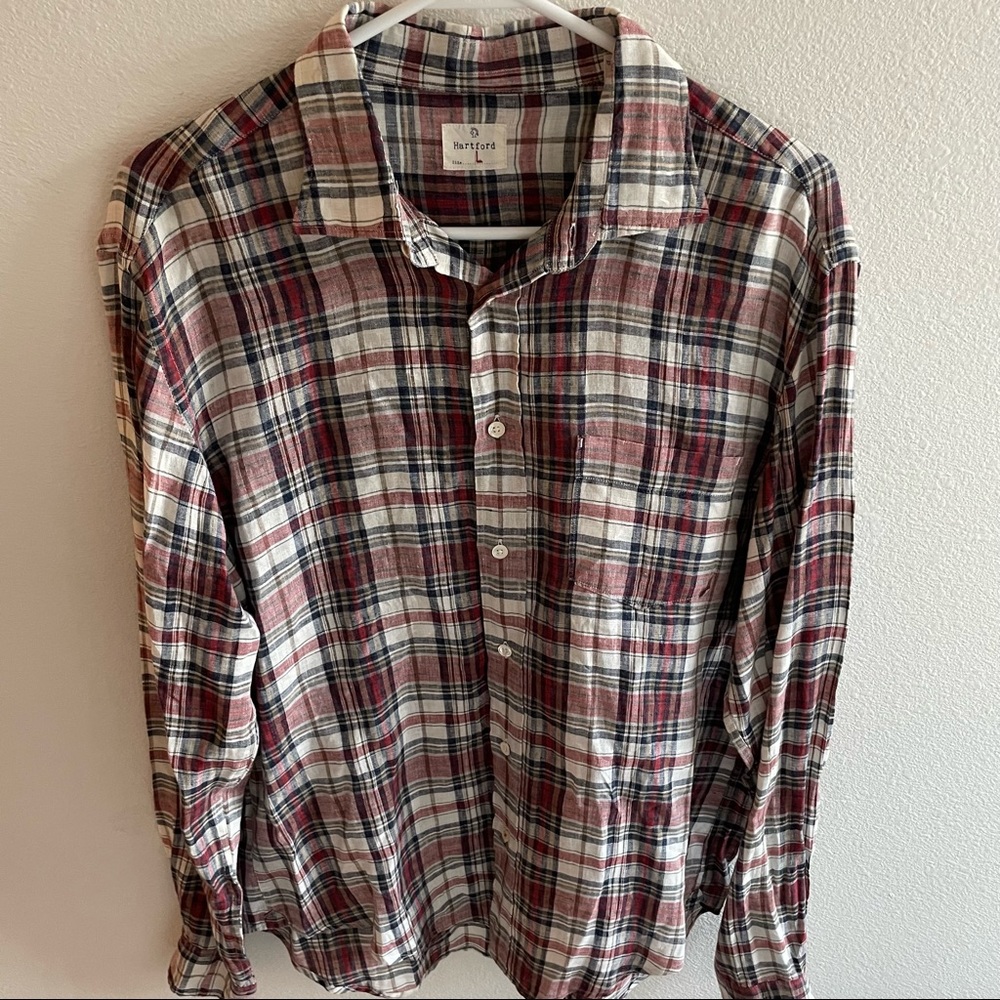 Mens Hartford Navy & Red Button 100% Linen Shirt LG